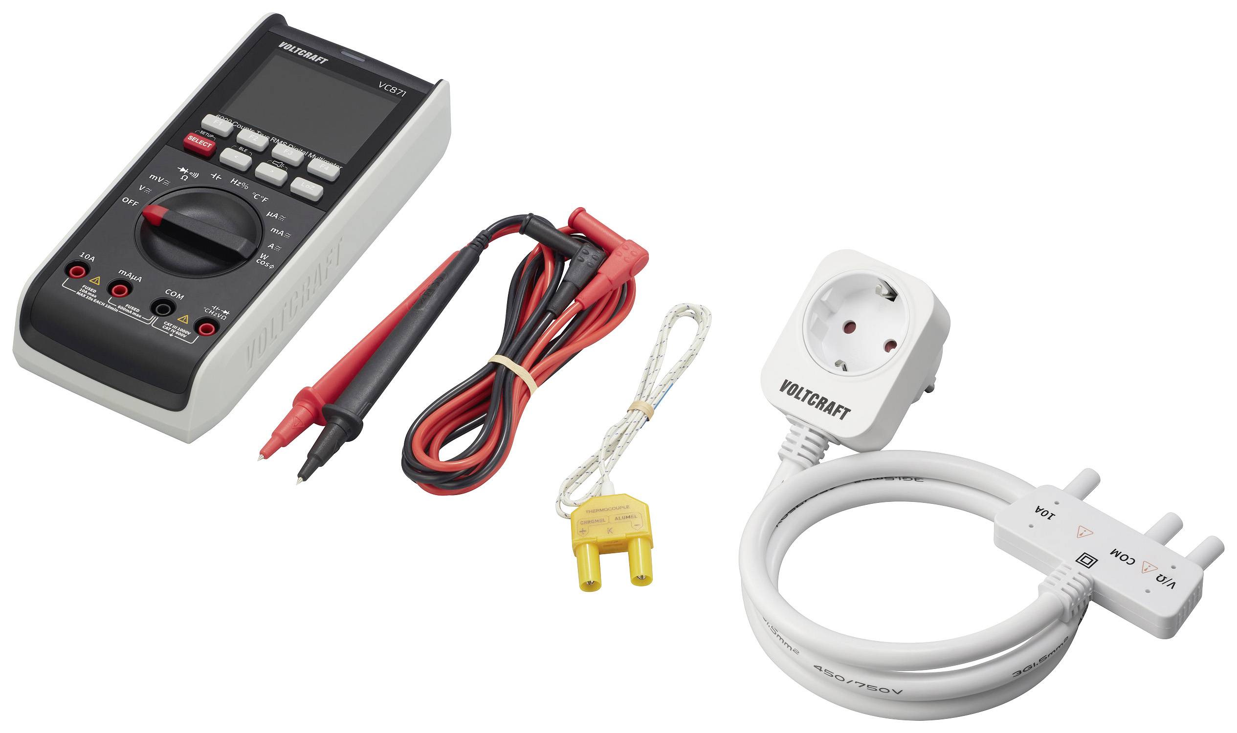 Een digitaal multimeter met rode en zwarte meetkabels, een K-type thermometer en een adapter.