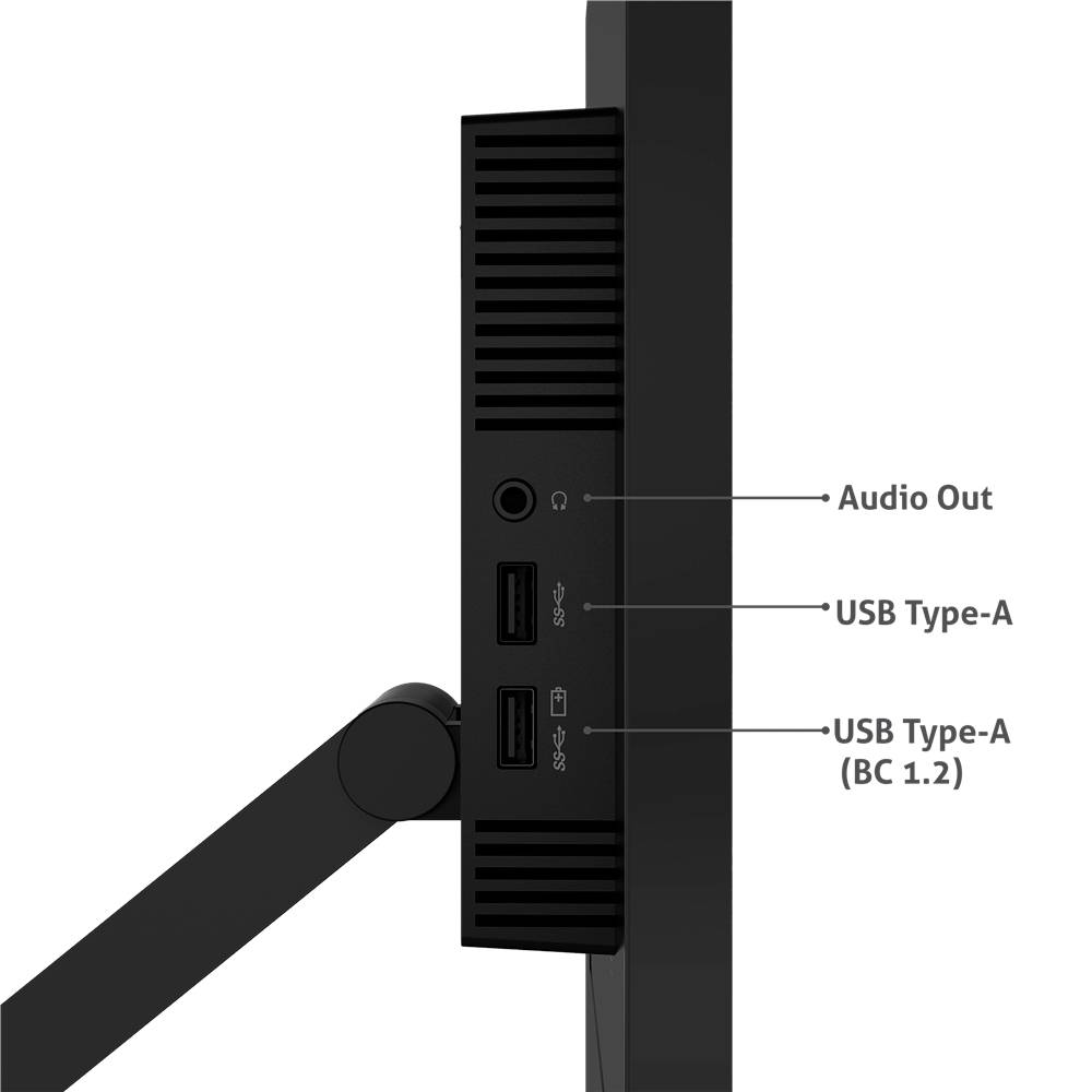 Zijaanzicht van een monitor met drie aansluitingen: 'Audio Out', 'USB Type-A' en 'USB Type-A (BC 1.2)'.