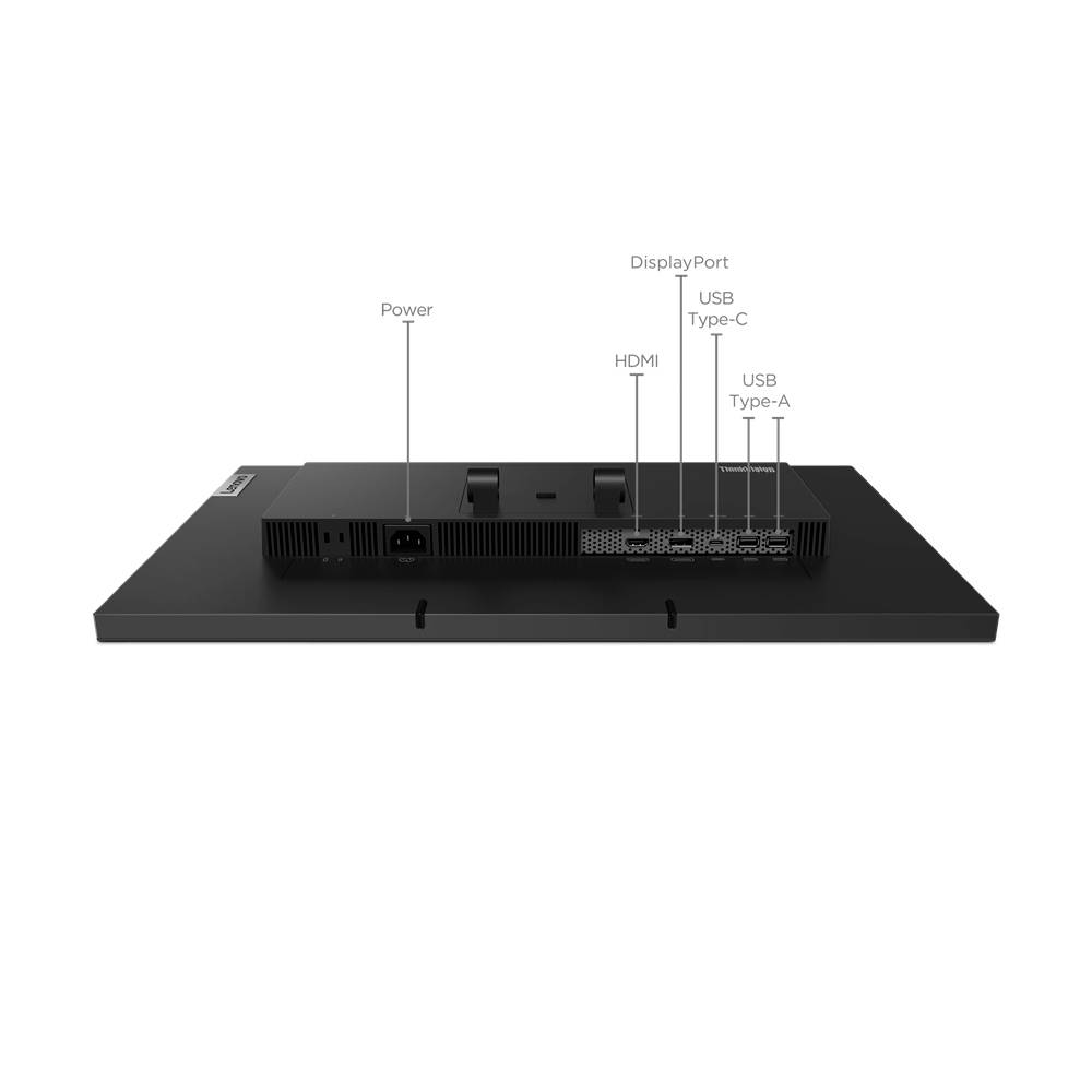 Achterkant van een zwarte monitor met aansluitingen: DisplayPort, HDMI, USB Type-C, USB Type-A, Voeding.