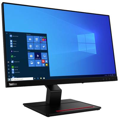 Een zwart flatscreen-beeldscherm toont het Windows 10-bureaublad met de startbalk geopend. Het apparaat heeft een stevige standaard.