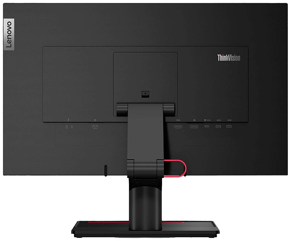 Achteraanzicht van een zwarte monitor met verstelbare standaard. Aansluitingen en merklogo's zijn zichtbaar.