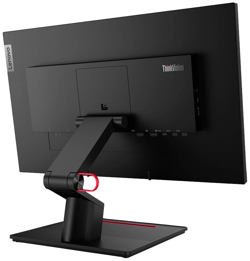 Een zwarte Lenovo ThinkVision monitor van achteren, toont de verstelbare standaard en meerdere aansluitingen aan de achterkant.