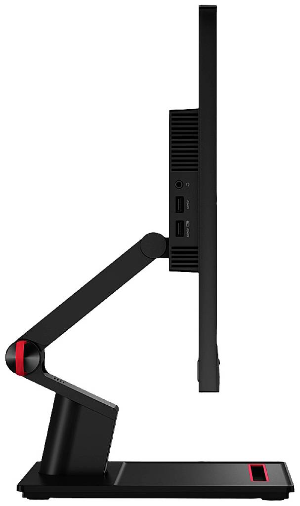 Zijaanzicht van een slanke, zwarte computermonitor op een beweegbare arm. De monitor staat in een verticale positie.