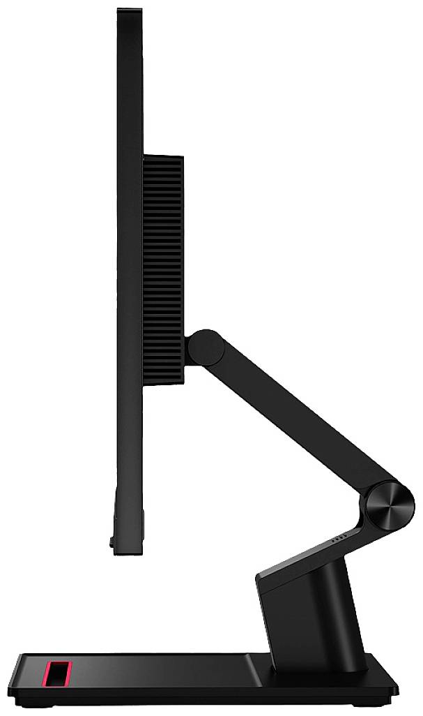 Zijaanzicht van een zwarte monitor met verstelbare arm, toont de slanke constructie en flexibele positioneringsmogelijkheden.