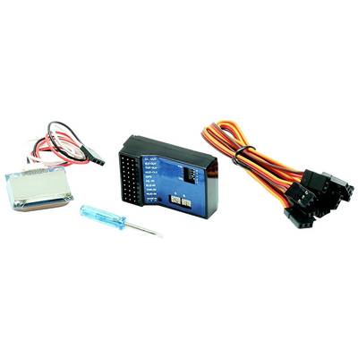 Een elektronische bouwset met een blauw stuurapparaat, een display, gekleurde kabels en een kleine schroevendraaier.