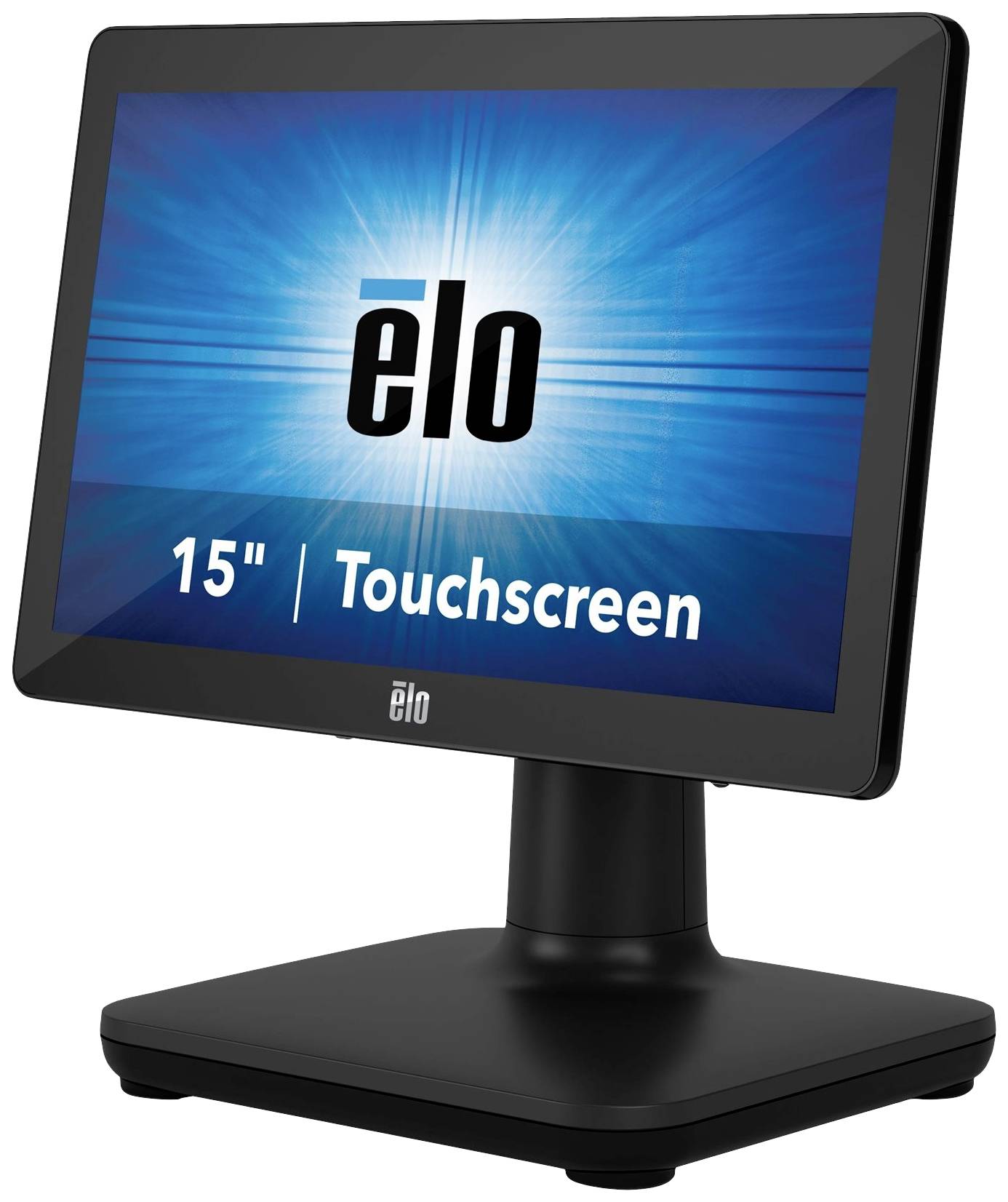 Een touchscreen-monitor met de tekst 'elo 15" | Touchscreen' op een blauwe achtergrond, geplaatst op een zwarte standaard.