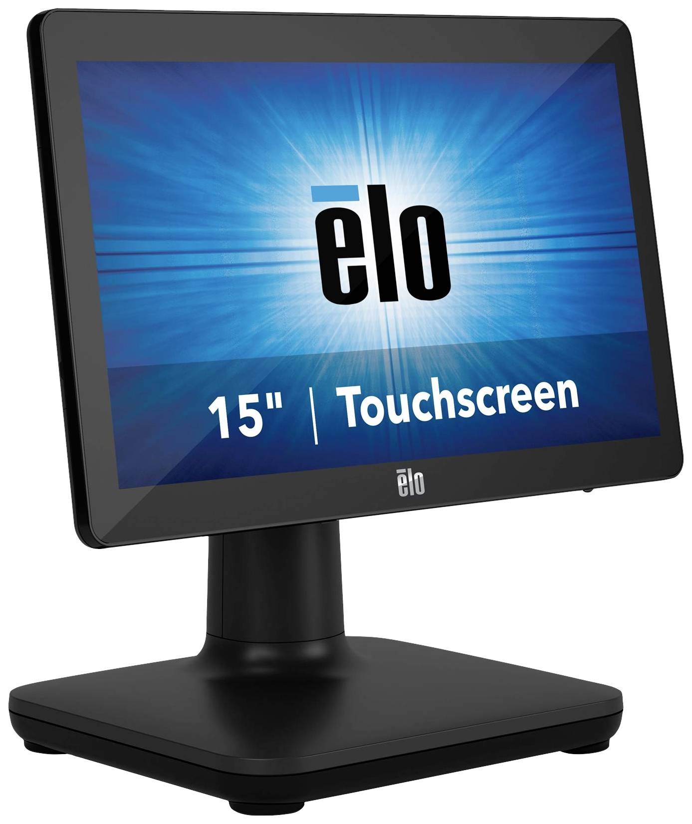 15-inch touchscreen monitor met het 'elo' logo op een blauwe achtergrondgrafiek.