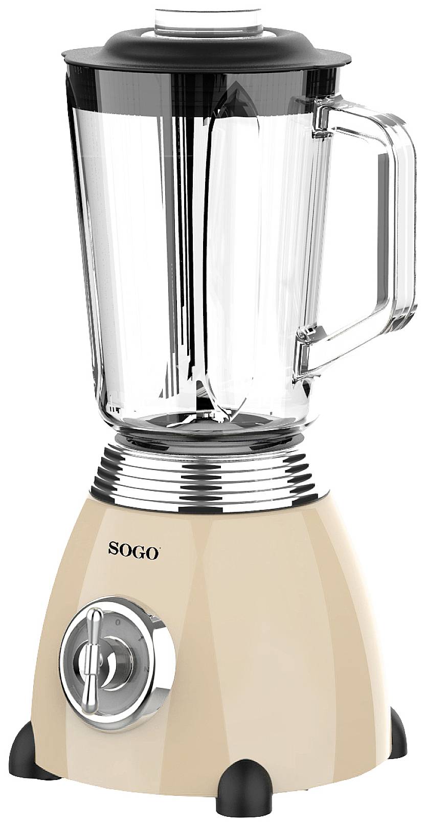 Beige staande blender met zilveren accenten en glazen kan.
