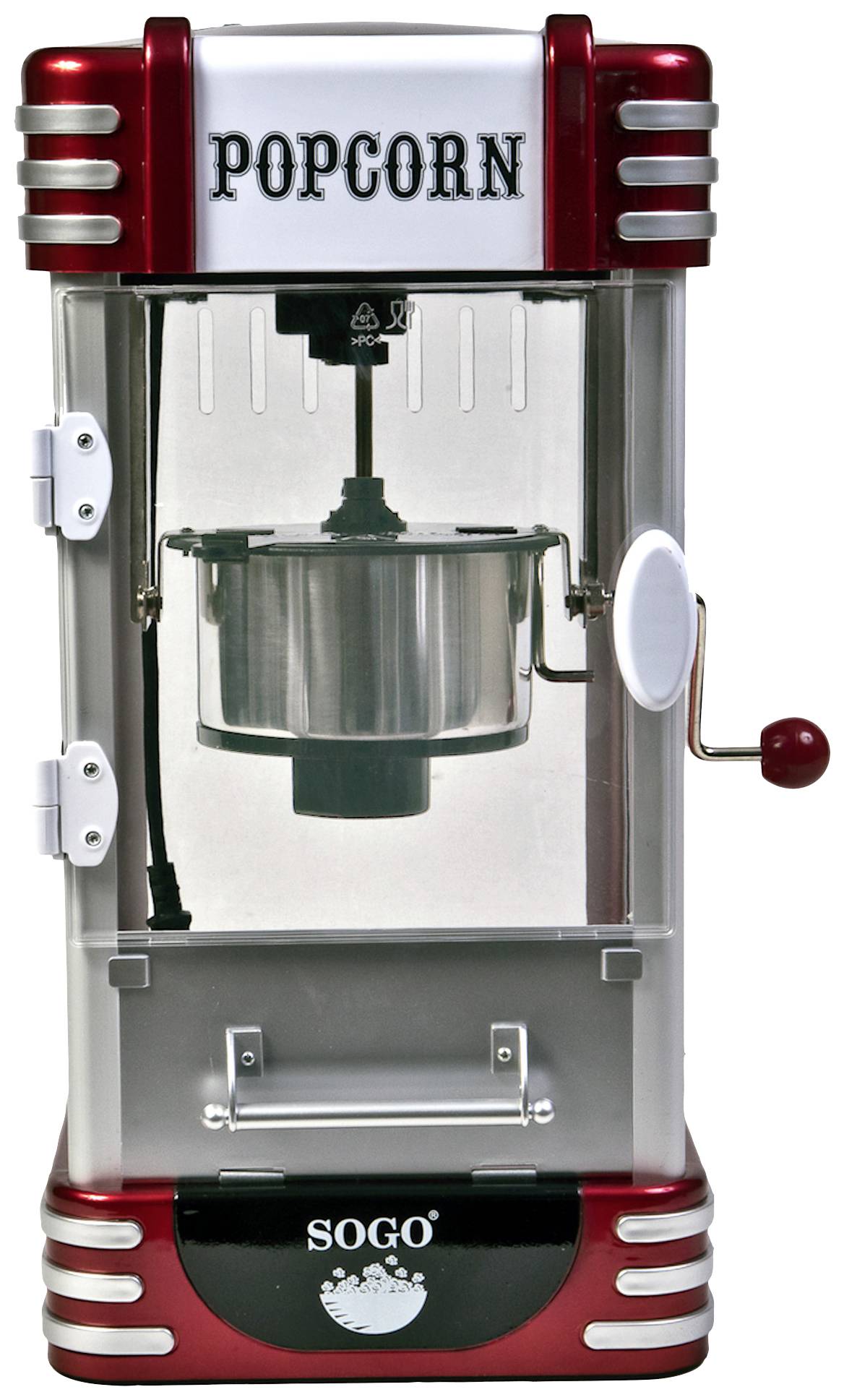Rode en zilveren popcornmachine met opschriften 'Popcorn' en 'Sogo'. Mechaniek en container zichtbaar. Retro-design.