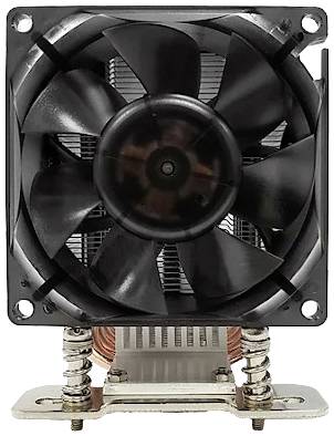 Een zwarte computerventilator met een koellichaam van koper en aluminium, gezien van voren. Belangrijk onderdeel van het koelsysteem van een pc.