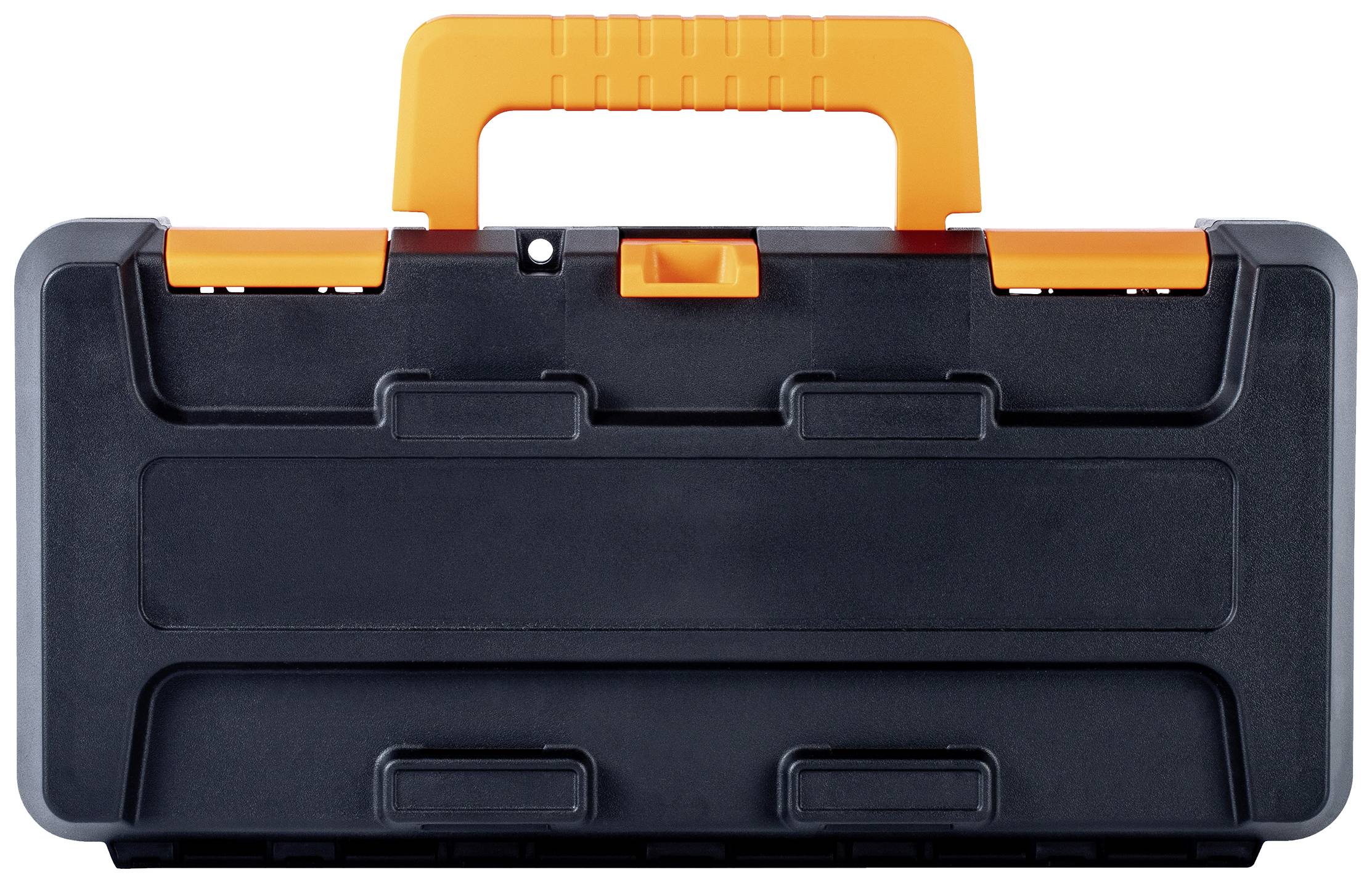 Zwarte gereedschapskist met oranje handgreep en sluitingen.