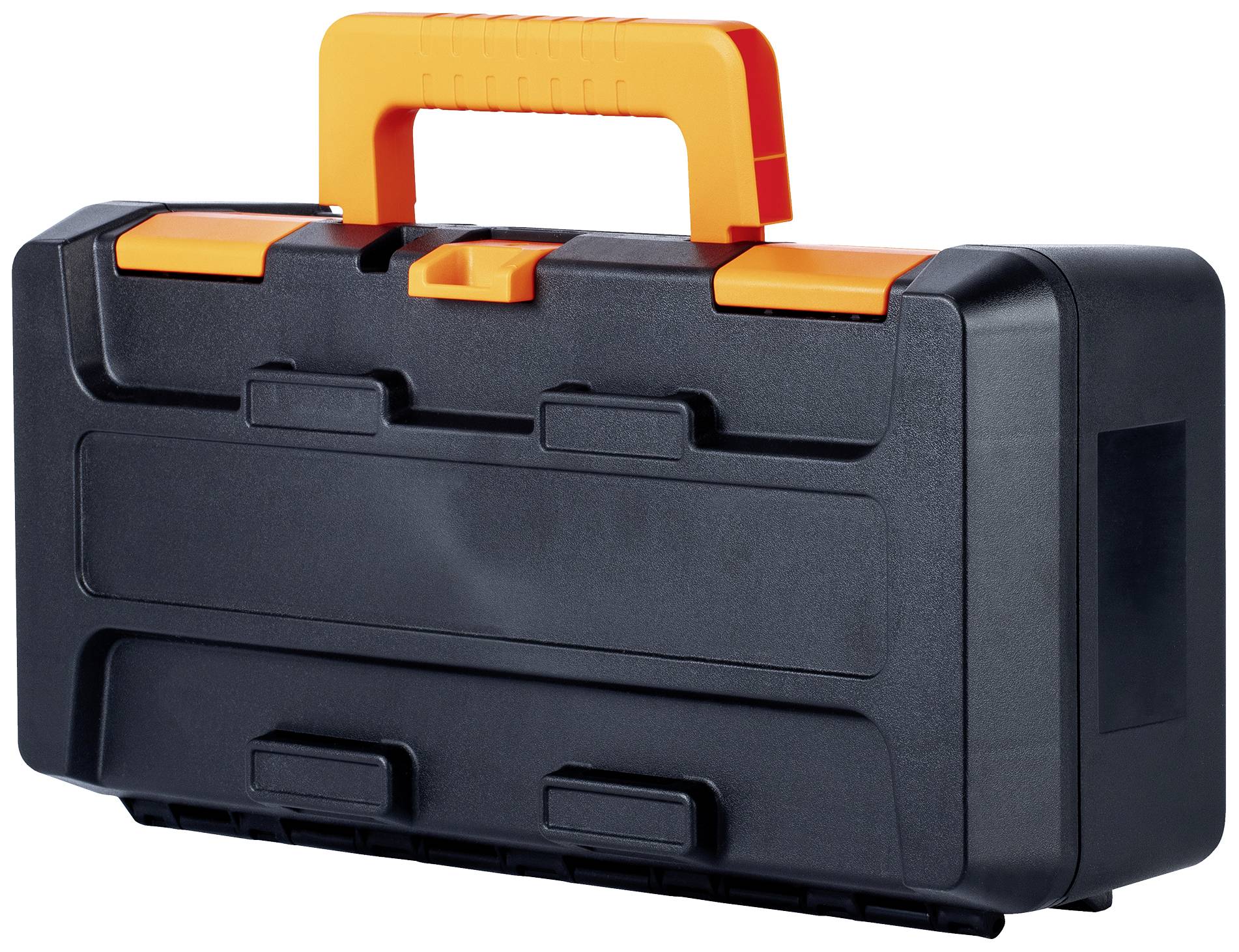 Zwarte gereedschapskoffer met oranje handgreep en sluitingen.