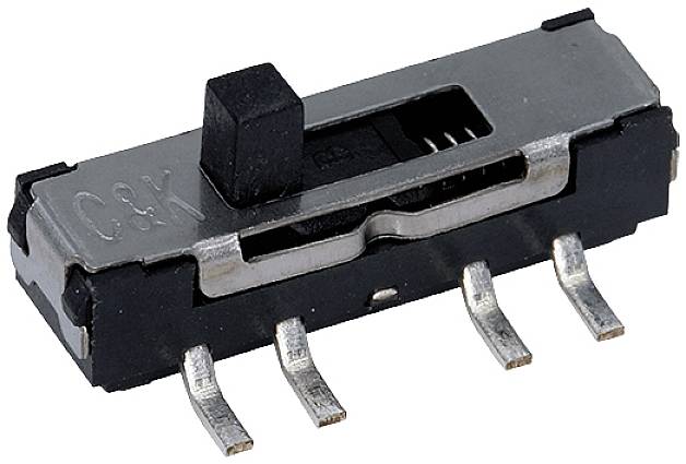 Elektronische schuifschakelaar met vier aansluitingen, metaaloppervlak en zwarte schuifregelaar. Gebruikt in elektronische apparaten.