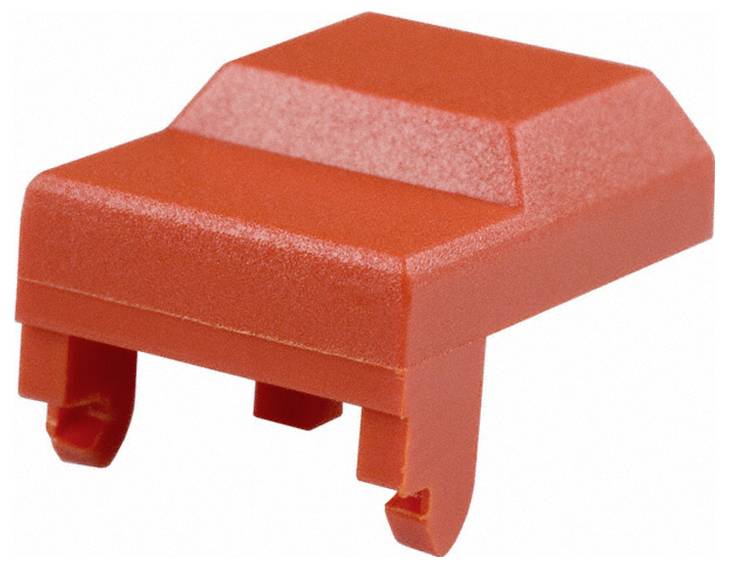 Een rode plastic toets voor een mechanisch toetsenbord, met een hellend bovenvlak en twee clips eronder voor montage op de schakelaar.