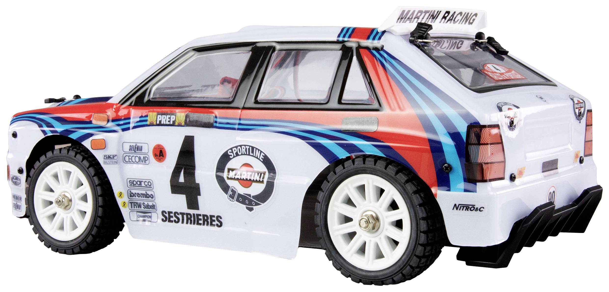 Een wit speelgoedautootje met nummer 4, racestepen in blauw en rood, en de tekst 'Martini Racing'. Rally-design.