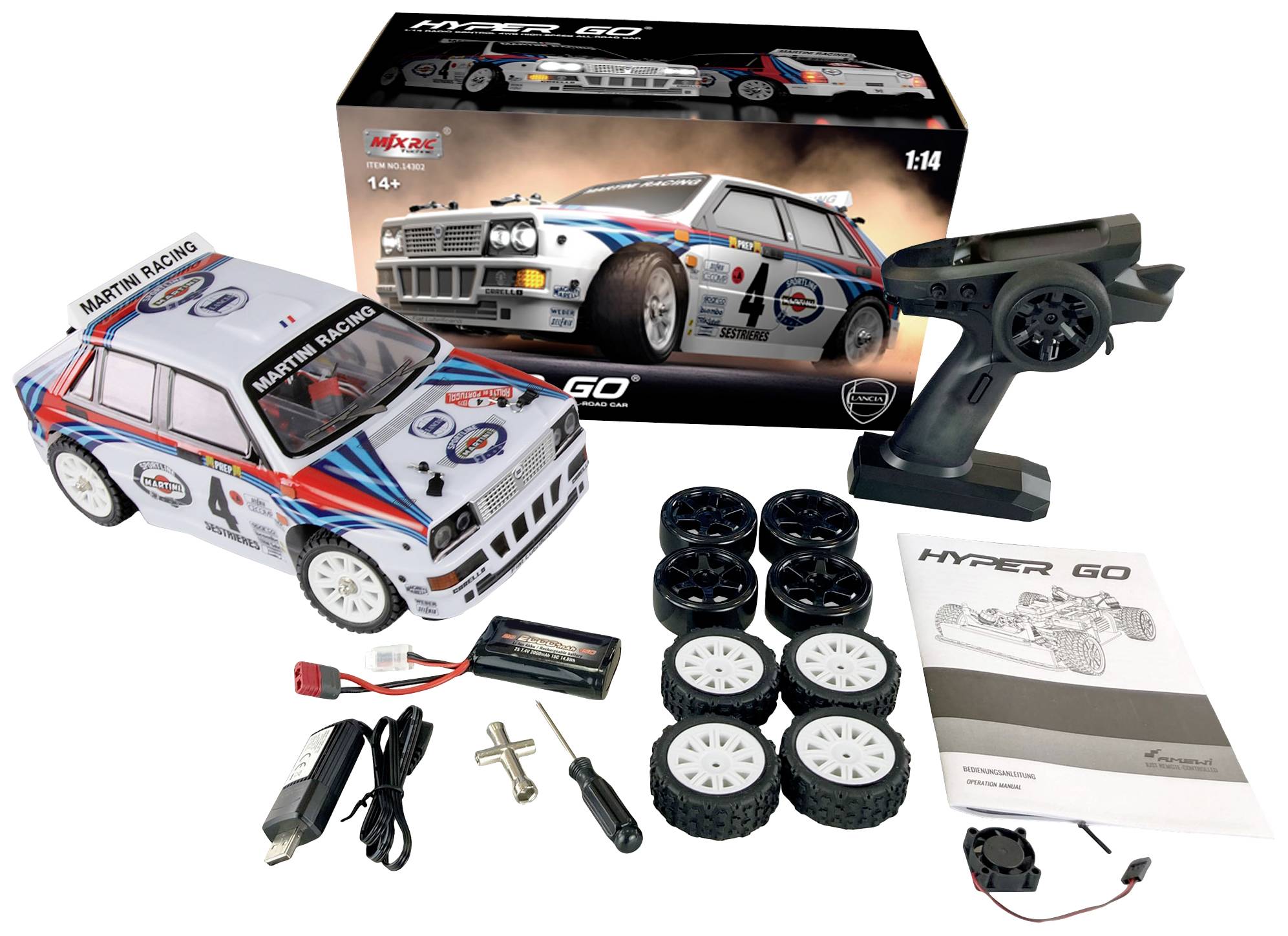 Modelauto-set met auto, afstandsbediening, oplader, batterijen, reservebanden en handleiding. Auto in racewagen-design. Geschikt voor 14 jaar en ouder.