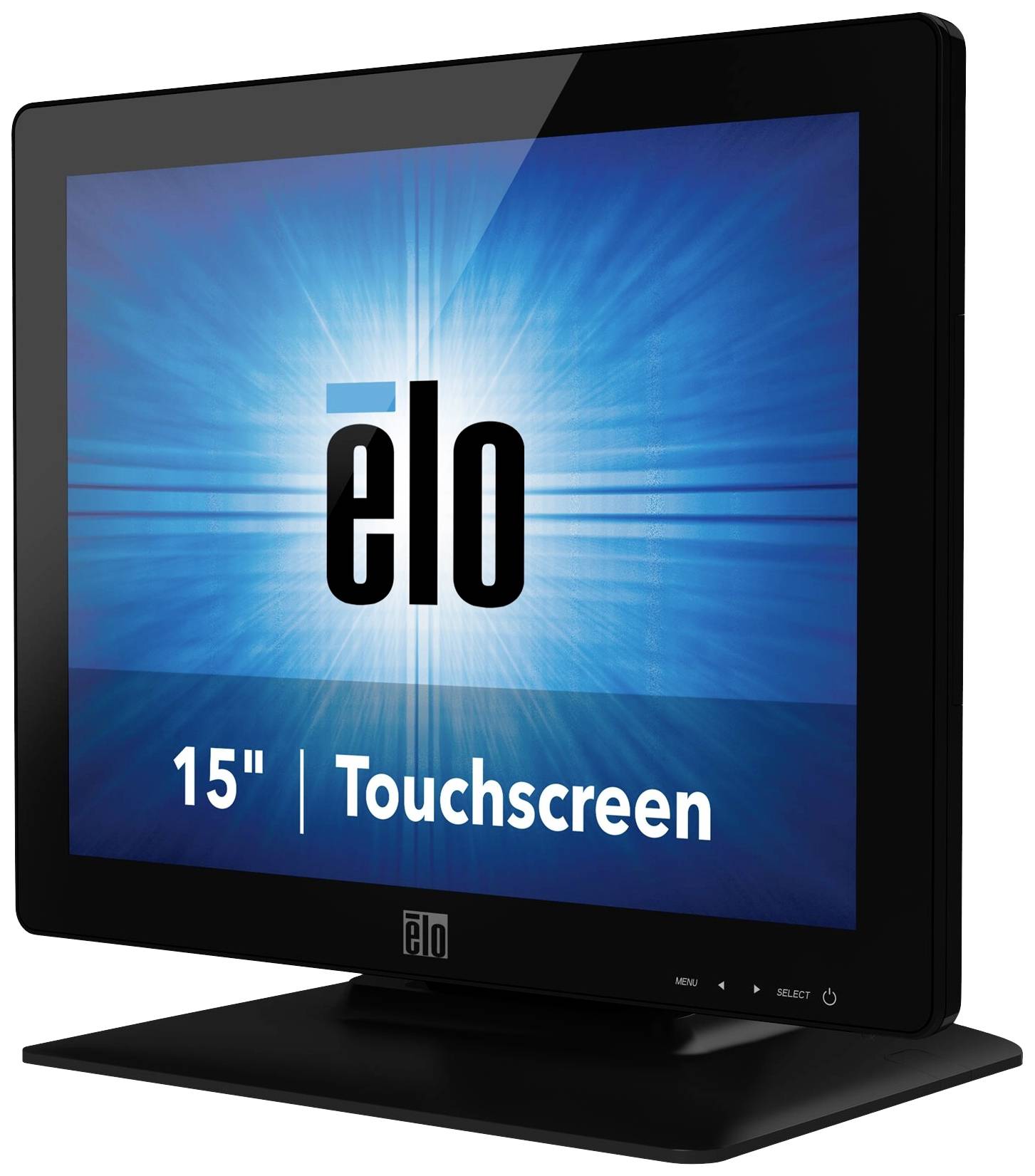 Een 15-inch touchscreen-monitor met een blauwe achtergrond en het logo 'elo'.