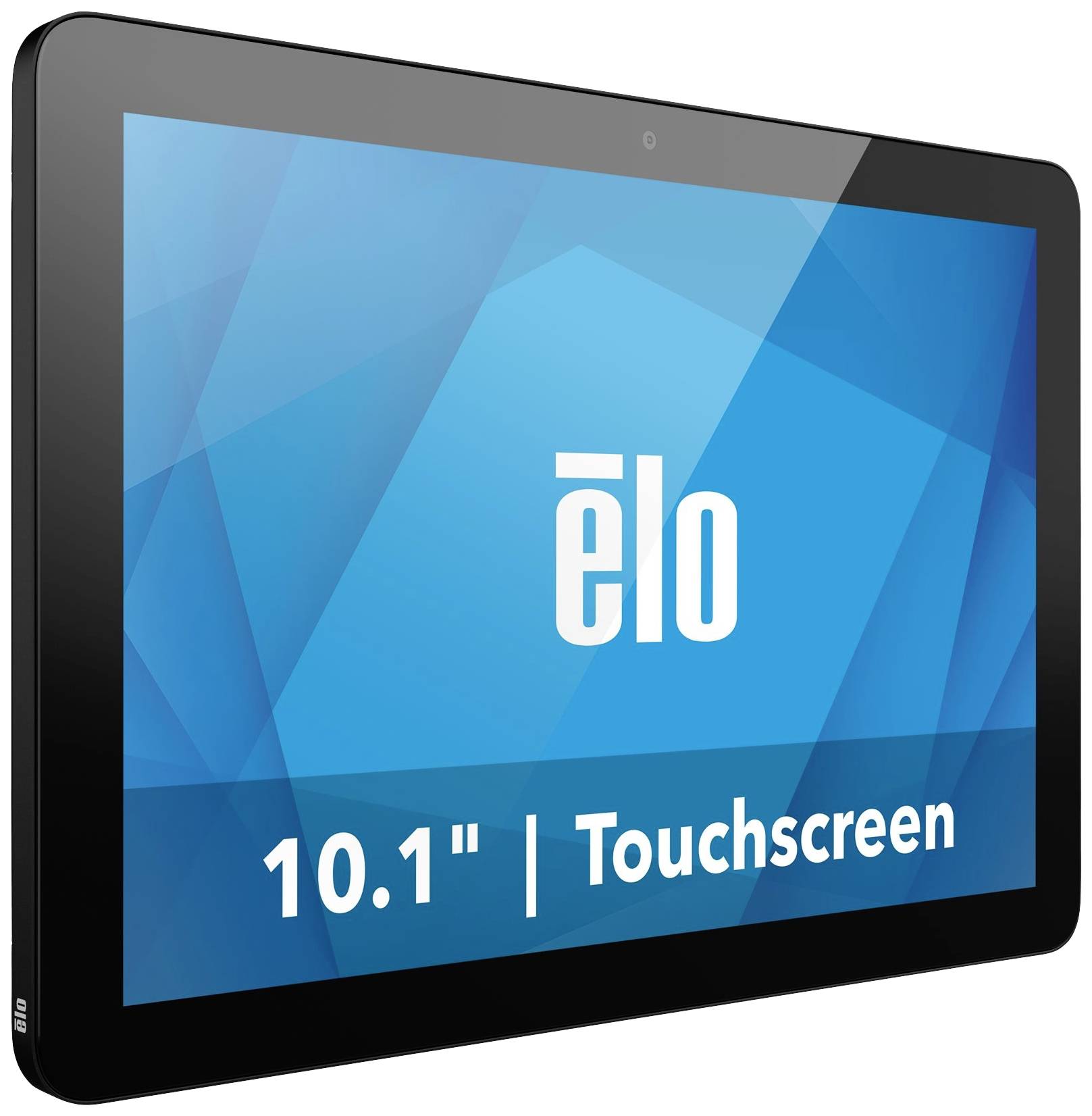 Tablet met 10,1-inch touchscreen, merk 'elo', zwarte rand, blauwe achtergrond.