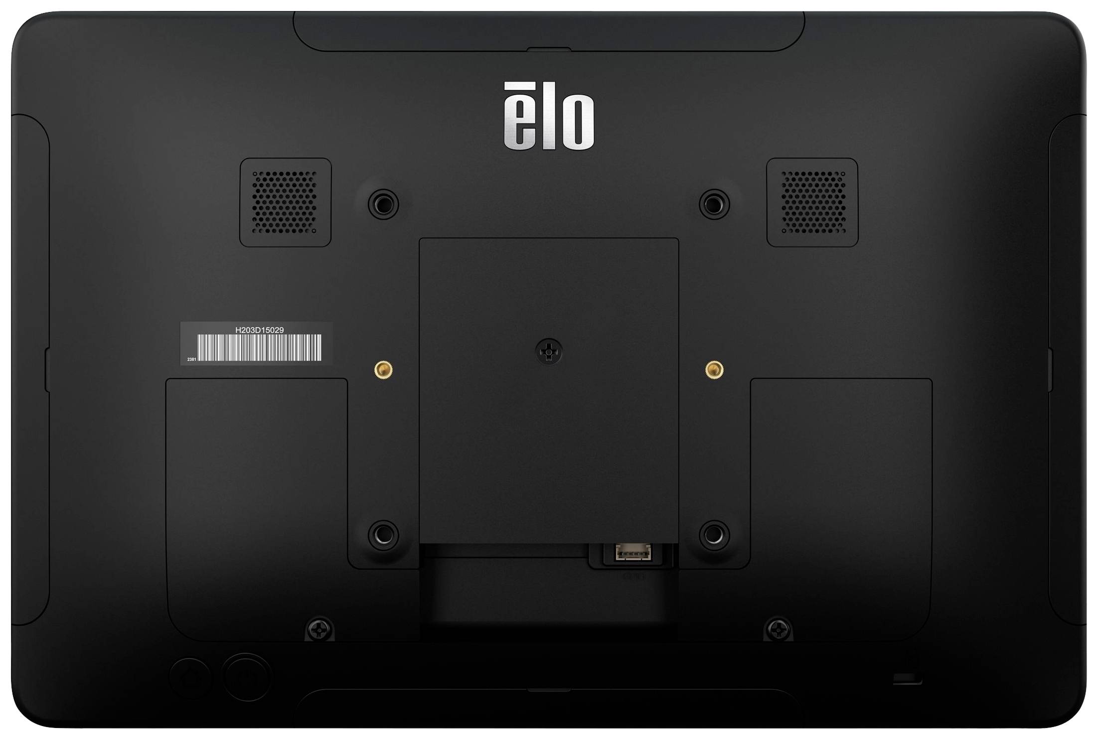 Achteraanzicht van een zwarte monitor met het 'elo' logo bovenaan, voorzien van meerdere aansluitingen en een bevestigingsbeugel.