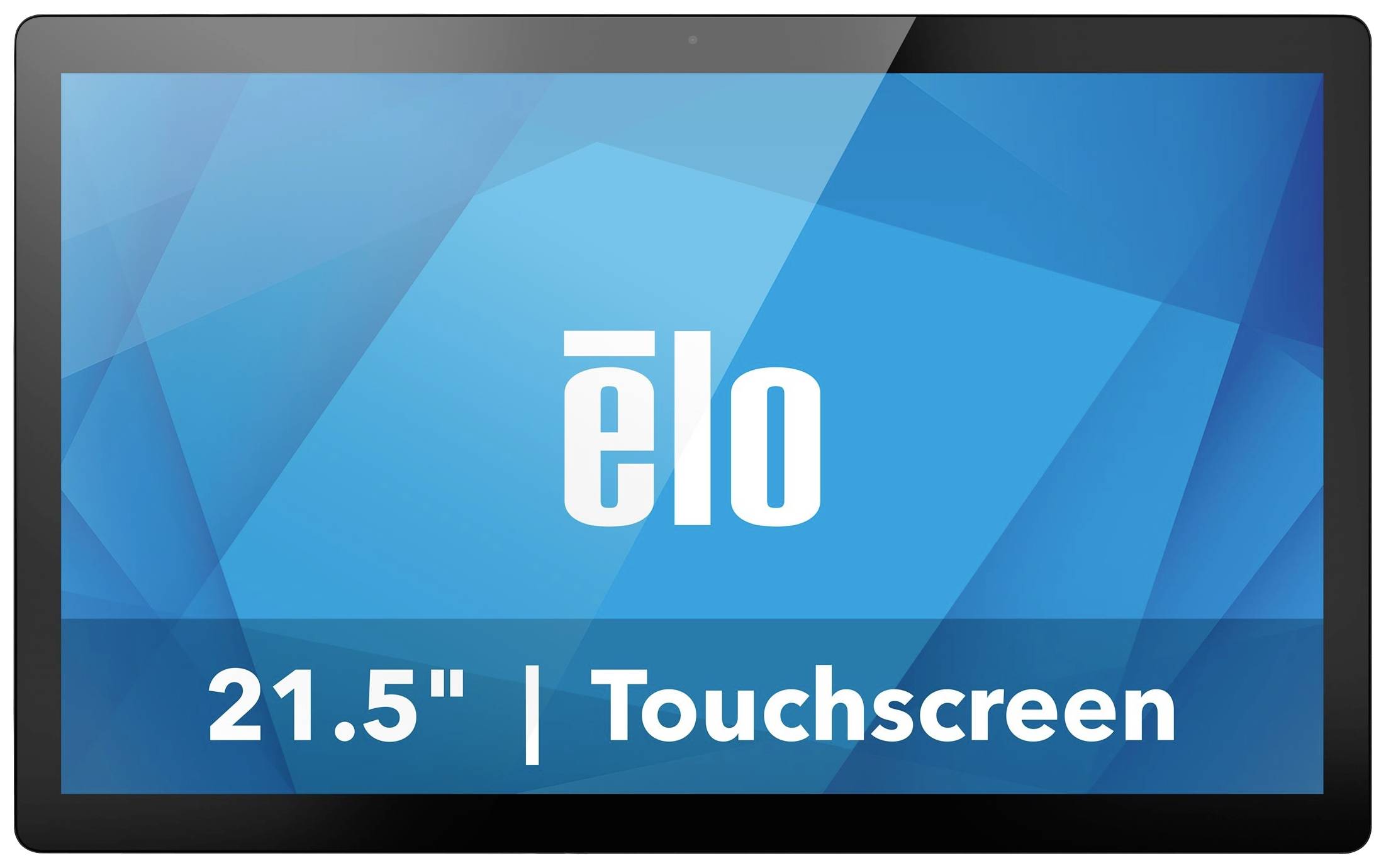 Een 21,5 inch touchscreen-display met het logo van een fabrikant op een blauwe geometrische achtergrond.