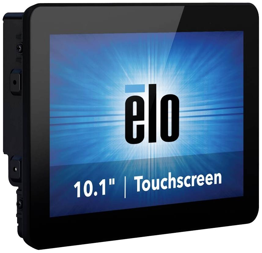 Een zwarte touchscreen-monitor van elo, 10,1 inch, met een blauwe achtergrond en de tekst '10.1" | Touchscreen'.
