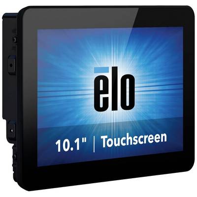 Een zwarte touchscreen-monitor van elo, 10,1 inch, met een blauwe achtergrond en de tekst '10.1" | Touchscreen'.