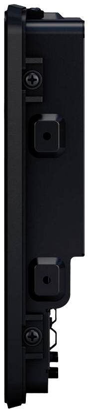 Zijaanzicht van een zwart elektronisch apparaat met schroeven en aansluitingen, waarschijnlijk een scherm of een technisch paneel.