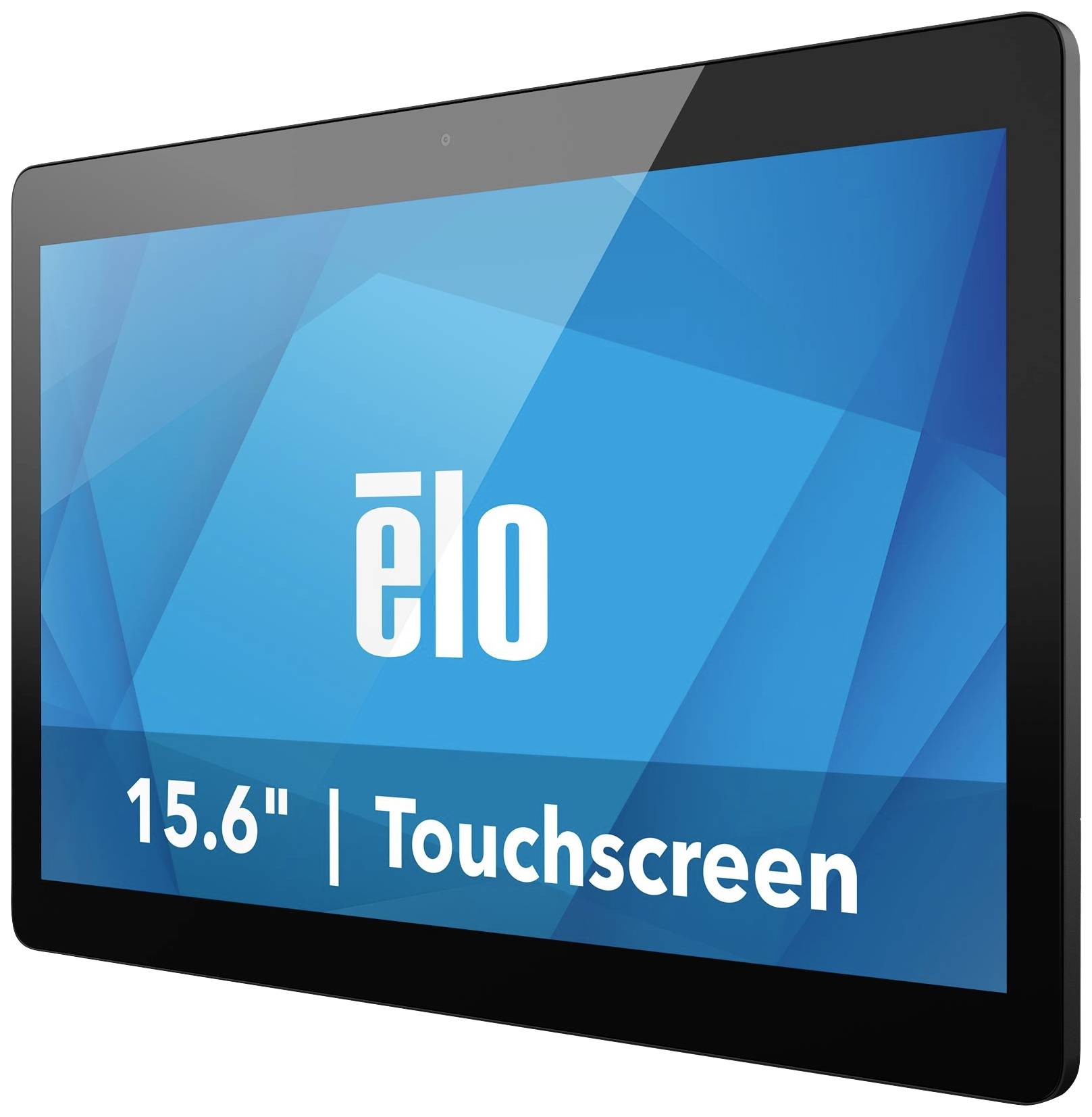 Een zwarte monitor met een blauw scherm toont het logo 'ēlo' en de tekst '15.6" | Touchscreen'.