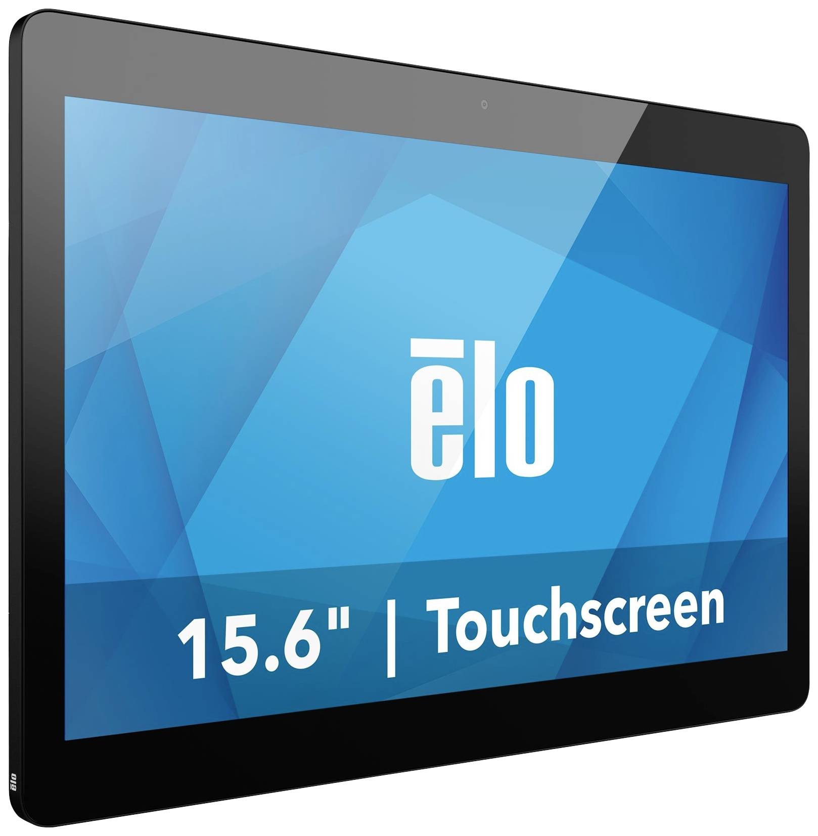 Een Elo touchscreen-monitor met een schermgrootte van 15,6 inch, weergegeven op een blauwe achtergrond.