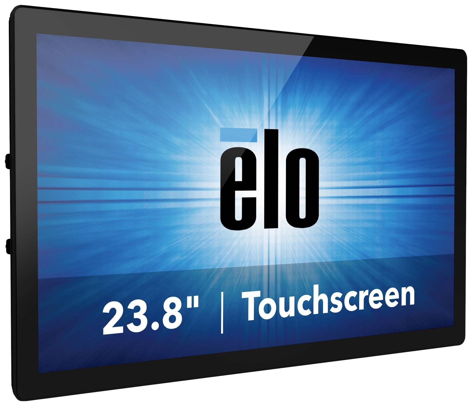 Elo Touchscreen met 23,8-inch display. Visueel geaccentueerd logo op blauwe achtergrond. Ideaal voor interactieve toepassingen.