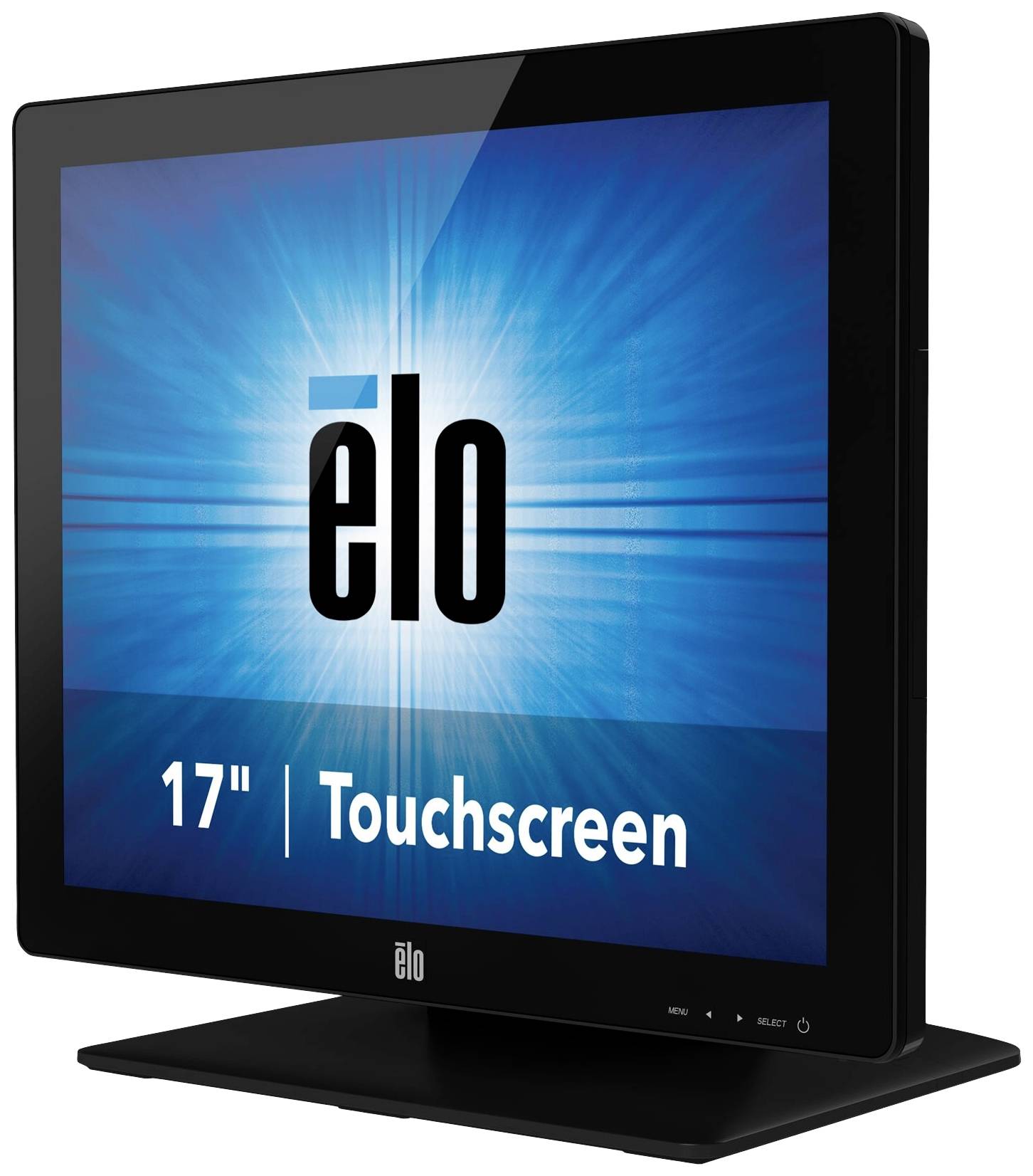 Een zwarte 17-inch touchscreen-monitor met het 'elo' logo op een blauwe achtergrond.