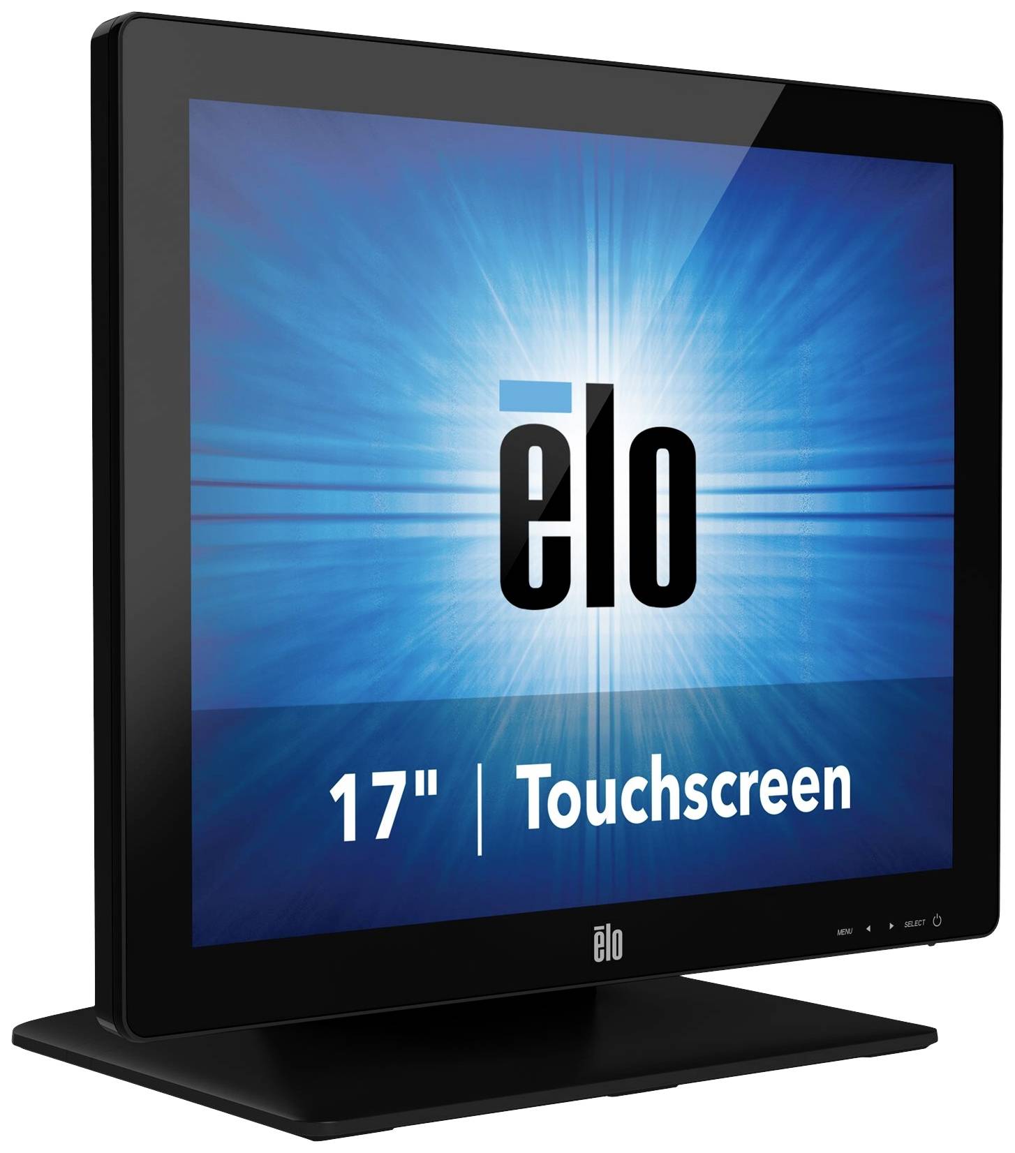 Een 17-inch touchscreen-monitor van Elo met een helder blauwe, stervormige achtergrond en de tekst 'elo'.