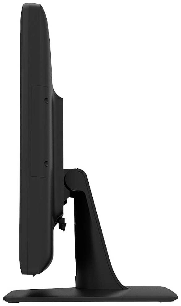 Zijaanzicht van een computermonitor met een slanke vormgeving op een stevige standaard.