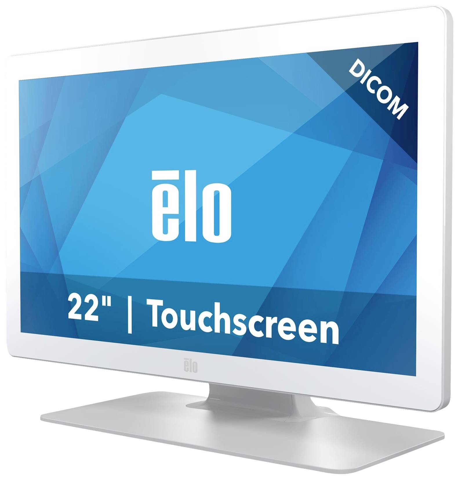 'Witte Elo 22-inch touchscreen-monitor met DICOM-weergave, blauwe achtergrond met geometrische vormen.'