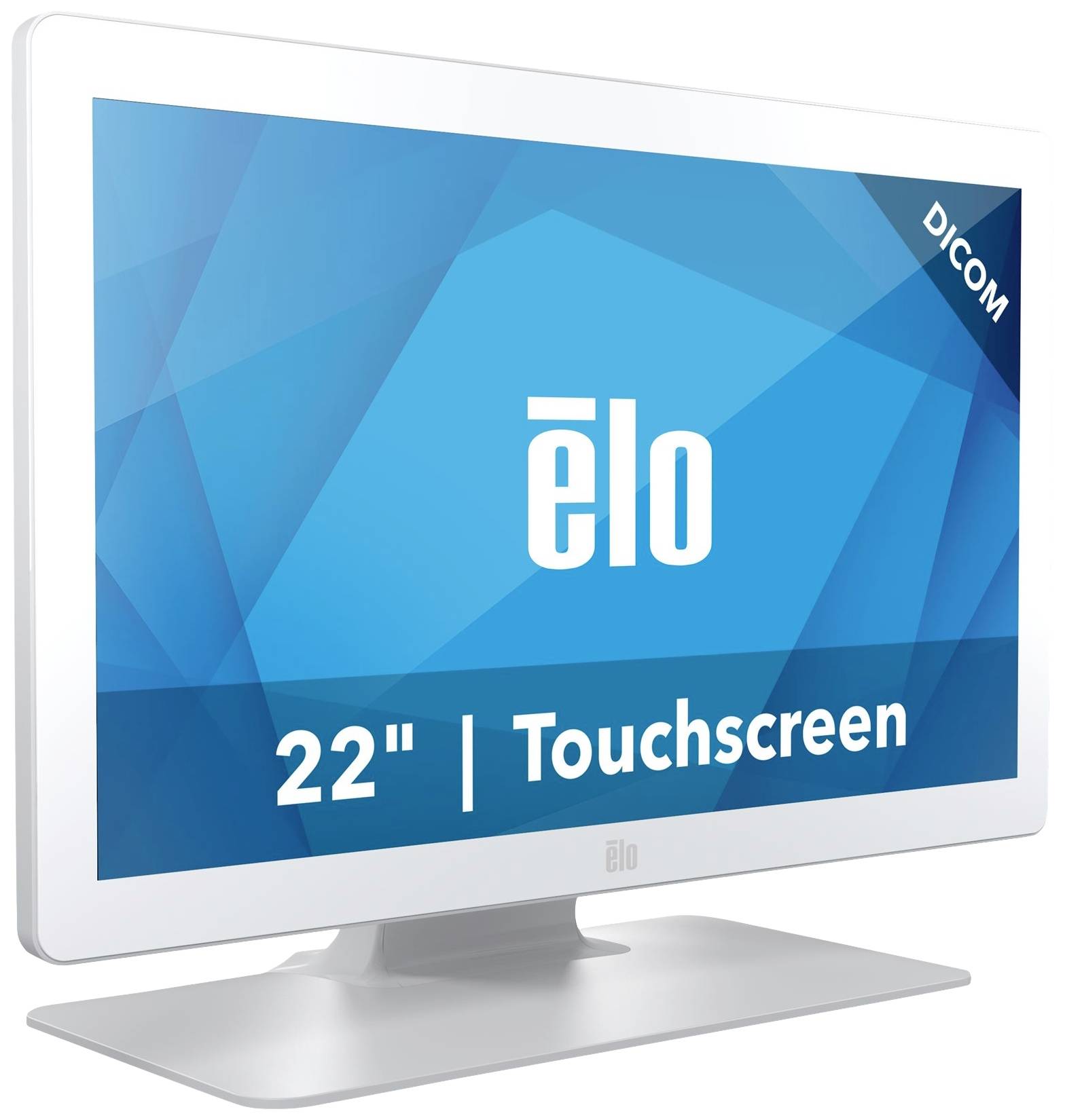 Een witte 22-inch touchscreen-monitor van Elo, geschikt voor DICOM-toepassingen, met een blauwe grafische achtergrond.