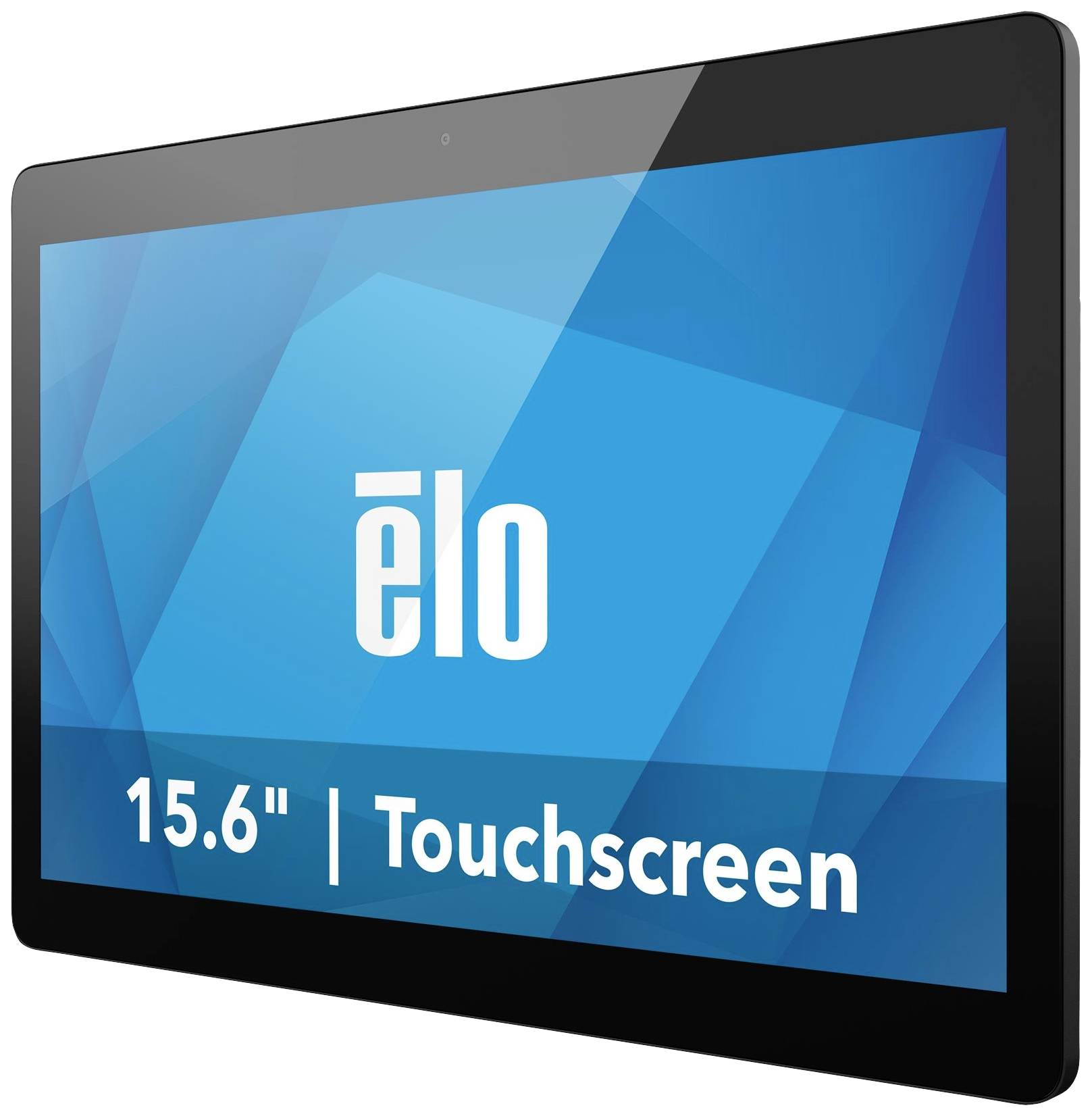 Een 15,6-inch touchscreen-monitor van Elo tegen een blauwe achtergrond.
