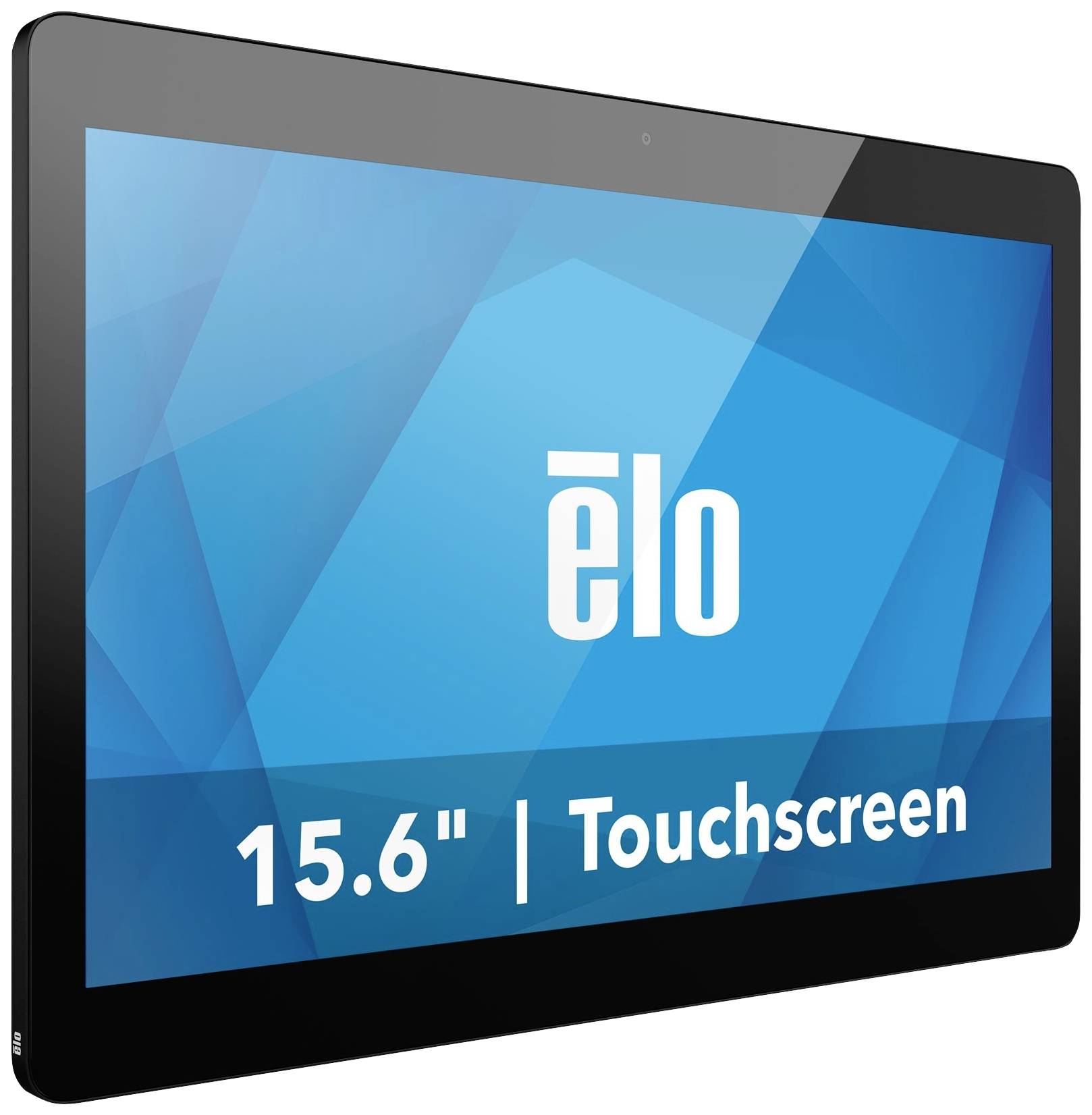 Een zwarte 15,6 inch touchscreen-monitor van 'elo' met een blauwe achtergrond, waarop staat '15.6" | Touchscreen'.