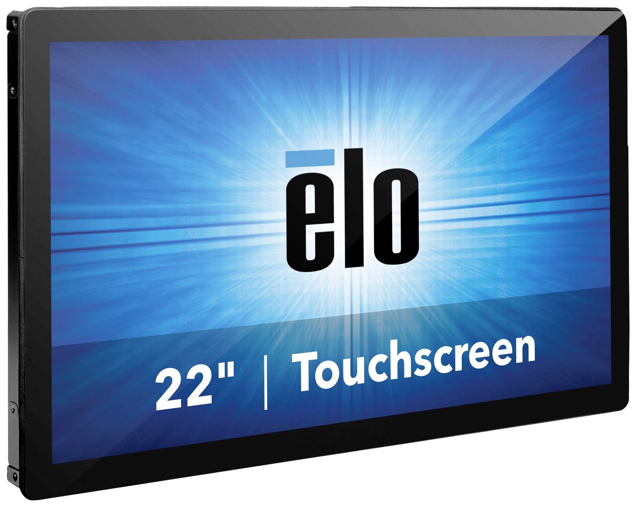 22-inch touchscreen-monitor met zwarte rand, met 'elo' op blauwe achtergrond.