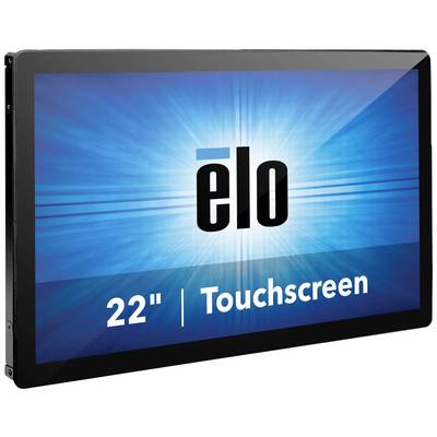 22-inch touchscreen-monitor met zwarte rand, met 'elo' op blauwe achtergrond.