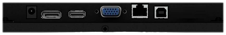 Achterkant van een apparaat met meerdere aansluitingen: stroomaansluiting, HDMI, USB-C, VGA, Ethernet en USB.