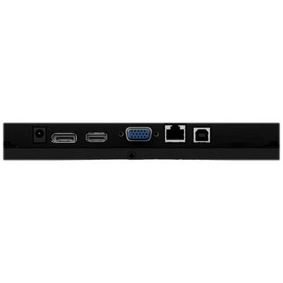 Achterkant van een apparaat met meerdere aansluitingen: stroomaansluiting, HDMI, USB-C, VGA, Ethernet en USB.
