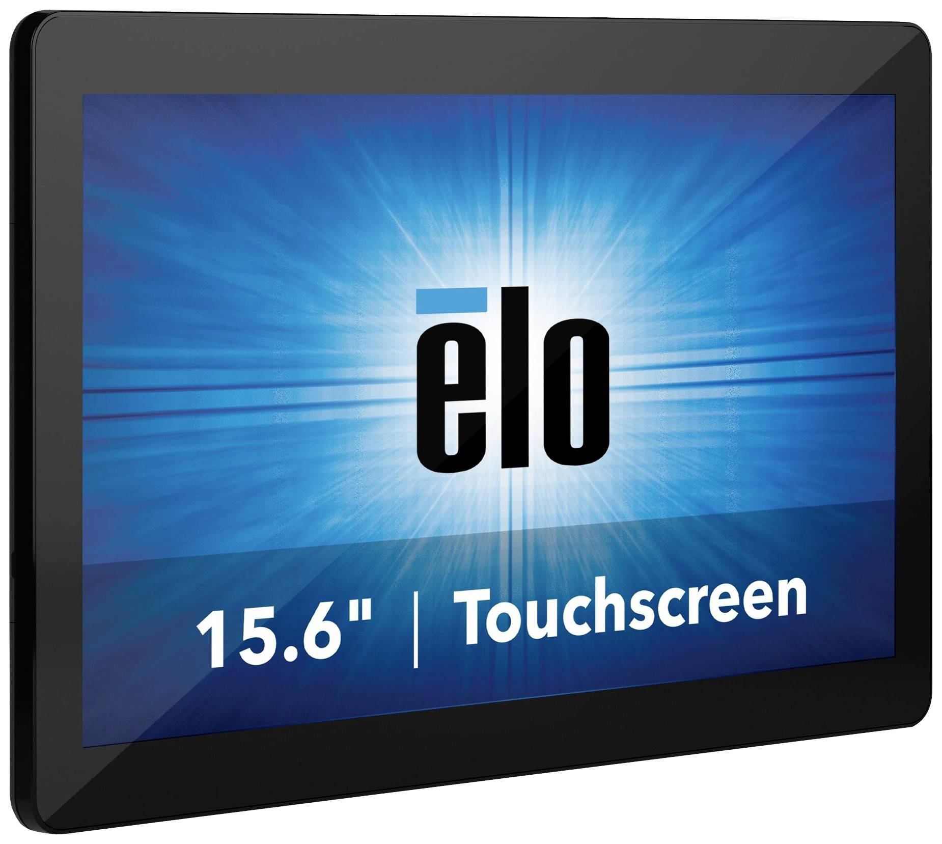 Een zwarte 15,6-inch touchscreen-monitor met het 'elo' logo op een blauwe achtergrond.