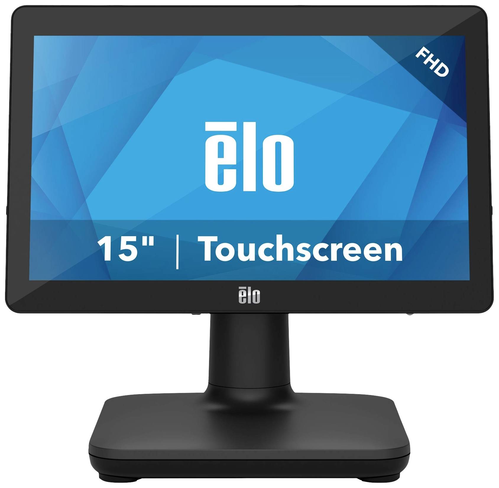 Een zwarte monitor toont een blauw scherm met de witte tekst 'elo 15" Touchscreen FHD'.