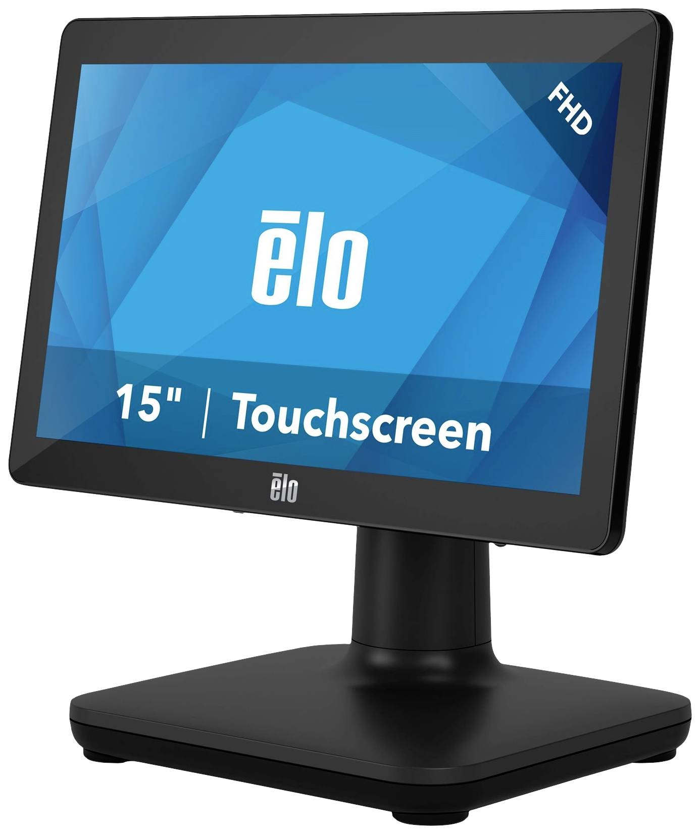 Een zwarte 15-inch touchscreen-monitor van het merk Elo. Het scherm toont een blauw patroon met de tekst '15" Touchscreen'.