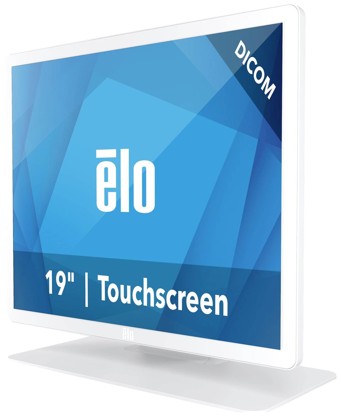 Een 19 inch grote, witte Elo touchscreen met blauwe achtergrond en DICOM-opschrift in de hoek.