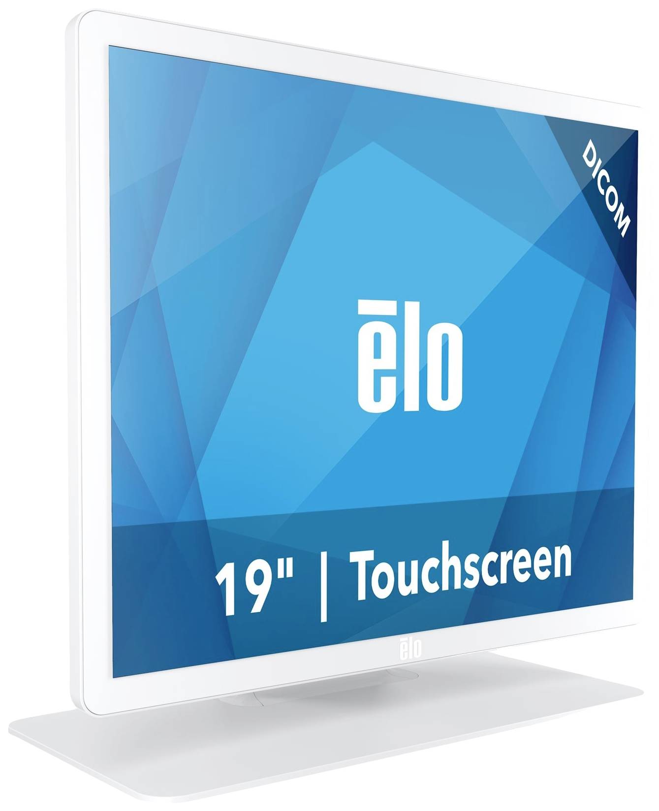 19-inch touchscreen-monitor met een blauwe achtergrond en het merknaam 'elo' in het midden.