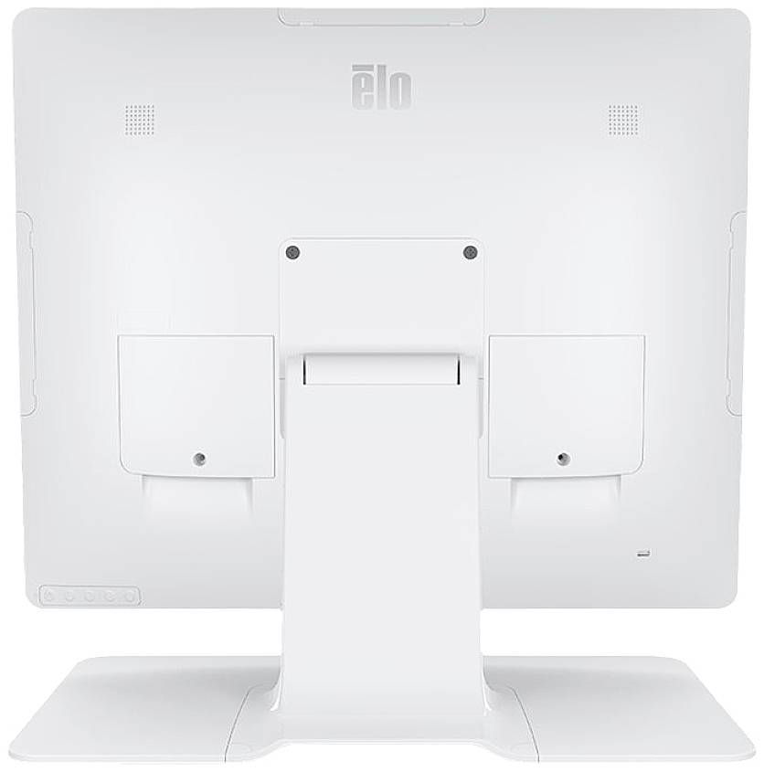 Een witte computermonitor van achteren, met een brede voet. Aan de achterkant zijn bevestigingspunten en ventilatiesleuven zichtbaar.