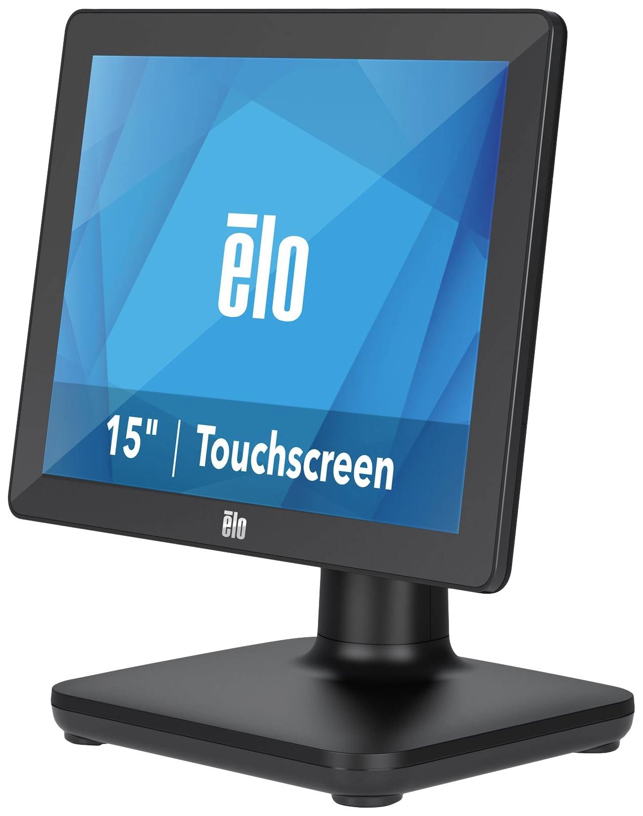 Een zwarte 15-inch touchscreen-monitor van Elo met een blauw scherm en het woord 'Touchscreen'. Ideaal voor interactieve toepassingen.
