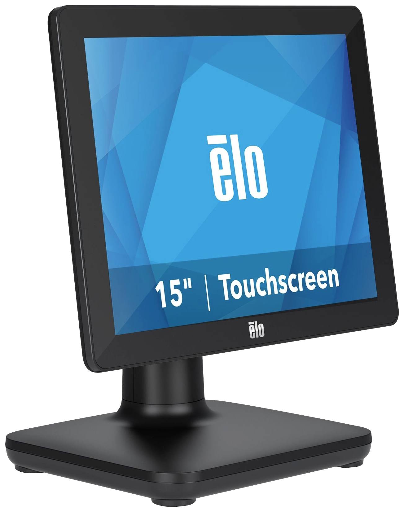 Een 15-inch touchscreen-monitor van Elo op een zwarte standaard, toont een blauw display met wit logo en tekst.