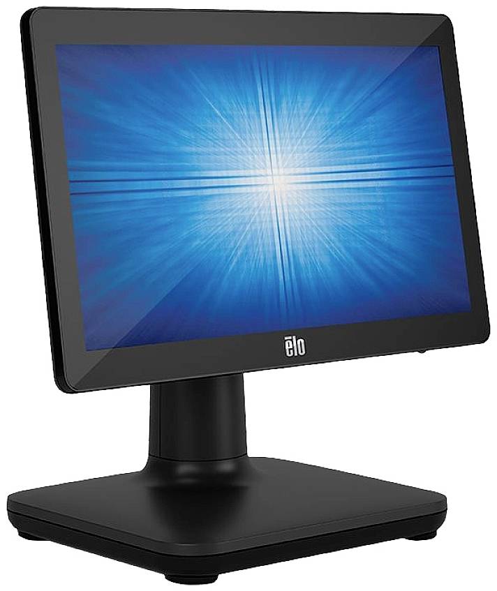 Een zwarte touchscreen-monitor op een stabiele voet, toont een blauw, stralend patroon op het scherm.